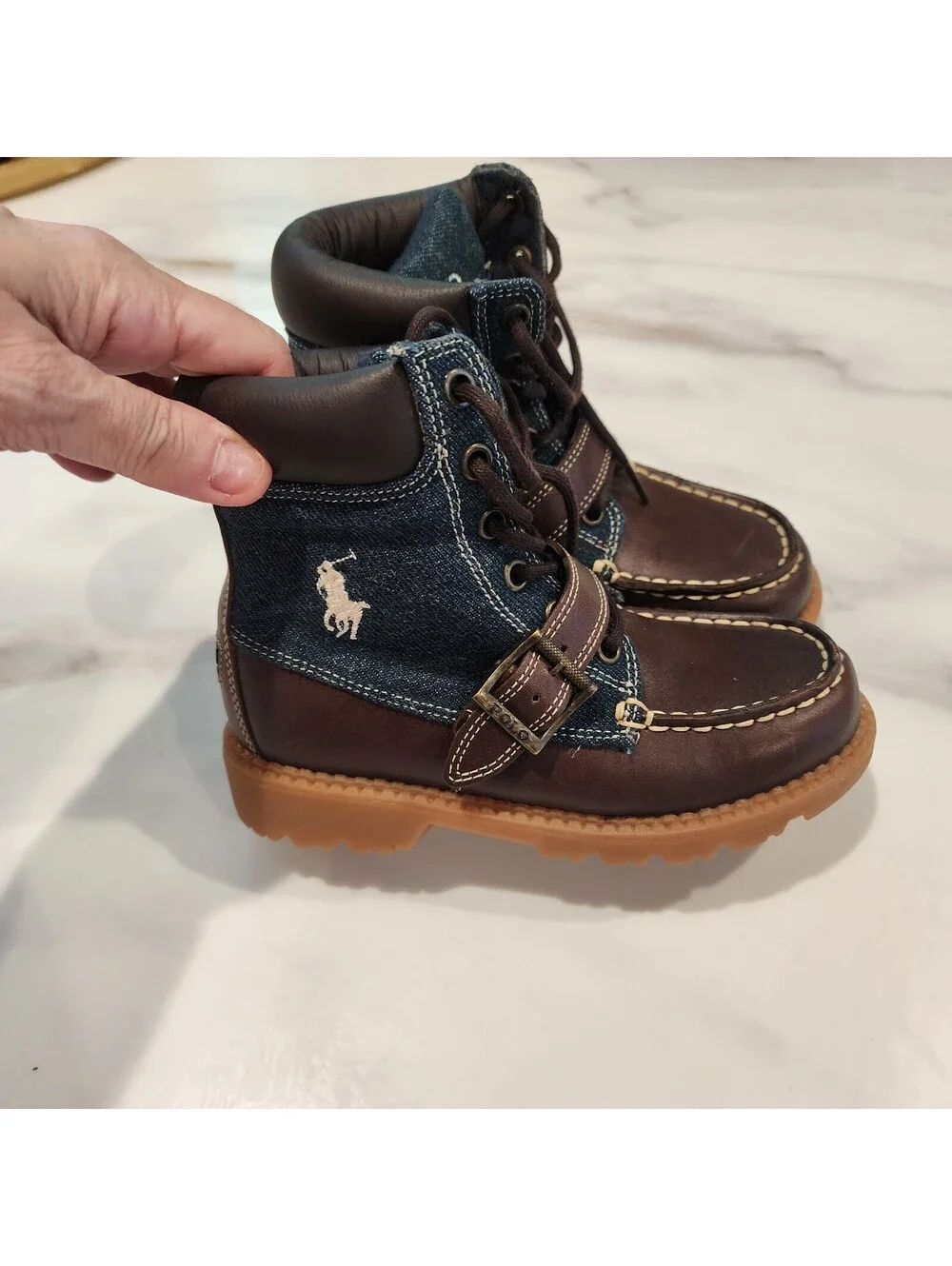 New Polo Ralph Lauren Kids Brown Leather and Denim Boots 11.5